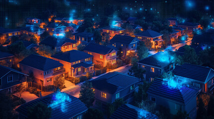 Aerial View of a Lit-Up Residential Neighborhood at Night