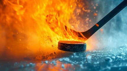 Fiery Hockey Puck Slashed by Stick on Ice. Generative ai - obrazy, fototapety, plakaty