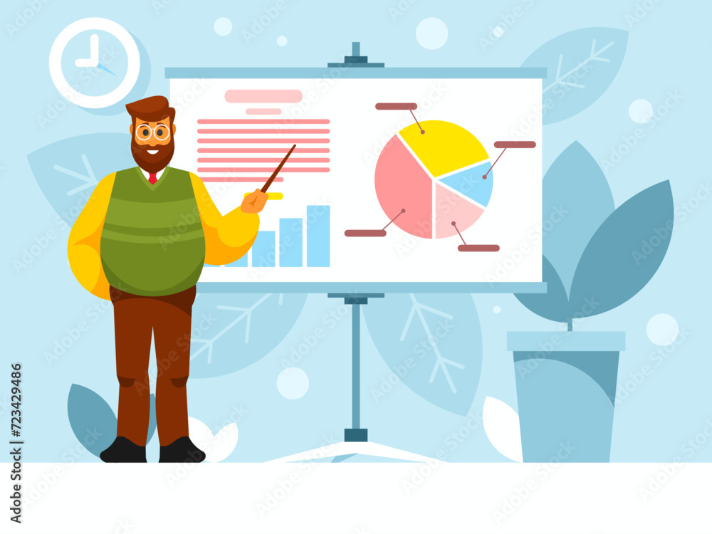 Poster male teacher in glasses stands with a pointer. background with presentation flipchart board. charts 