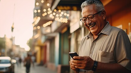 Happy smiling senior man is using a smartphone outdoors - obrazy, fototapety, plakaty