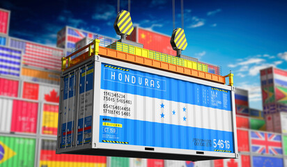 Freight shipping container with national flag of Honduras - 3D illustration