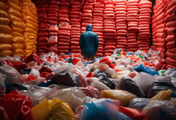 Un homme de dos en doudoune synthétique au milieu d'une montagne de sacs plastiques - genrative AI