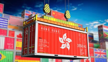 Freight shipping container with national flag of Hong Kong - 3D illustration