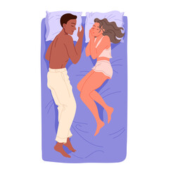 Man and woman sleeping in bed, top view of bedroom. Young husband and wife lying on cozy pillows to sleep and rest with sweet dreams at night, romantic couple napping cartoon vector illustration