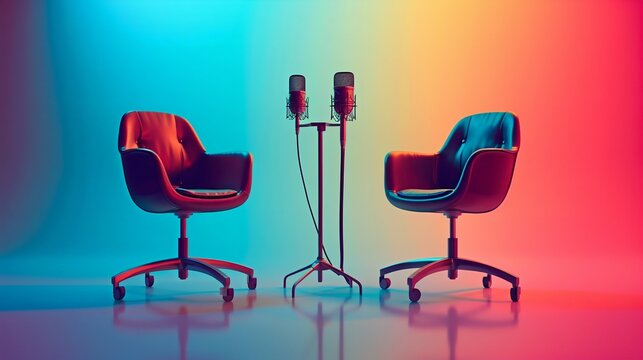 Modern Podcast Studio Setup with Two Chairs and Microphones. Generative ai