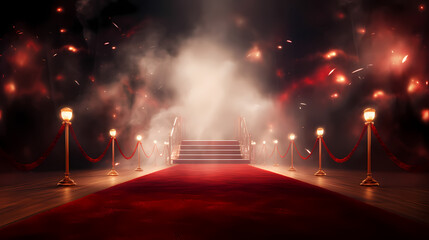 Red carpet staircase with smoke and spotlights, holiday awards ceremony event