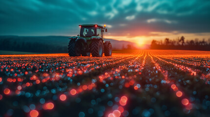 Tractor Amidst Field at Sunset