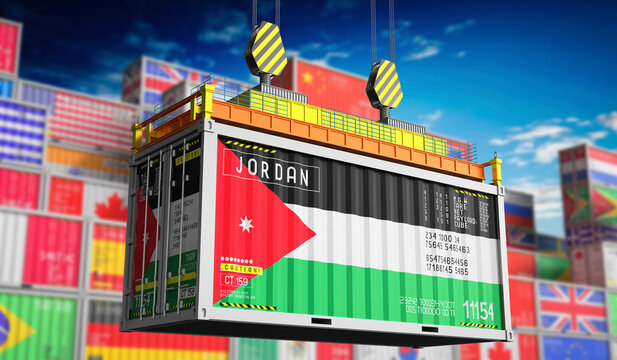 Freight shipping container with national flag of Jordan - 3D illustration