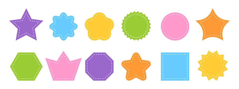Set of different basic geometric shapes with dotted stitches. Colorful empty tags, patches, stickers, text boxes, price labels, promo code badges isolated on white background. Vector flat illustration