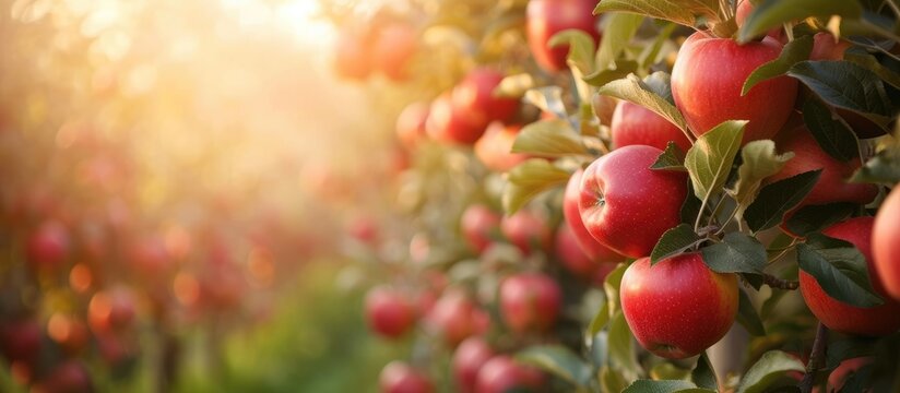 Garden on the farm growing a crop of red apples in apple orchard.