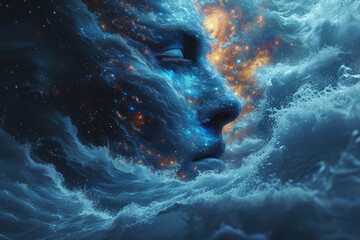 Fototapeta premium A photo manipulation of a person with a galaxy pattern within, and waves flowing out, symbolizing universal connection. Concept of universal mind and cosmic connection. Generative Ai.