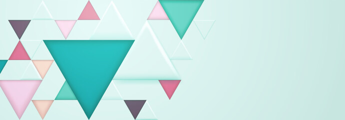 Abstract background with large and small colored triangular shapes on light blue