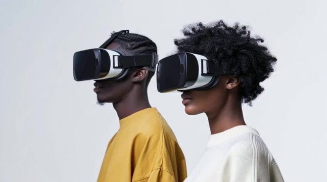 Young male and female adult wearing virtuality reality headset Generative AI