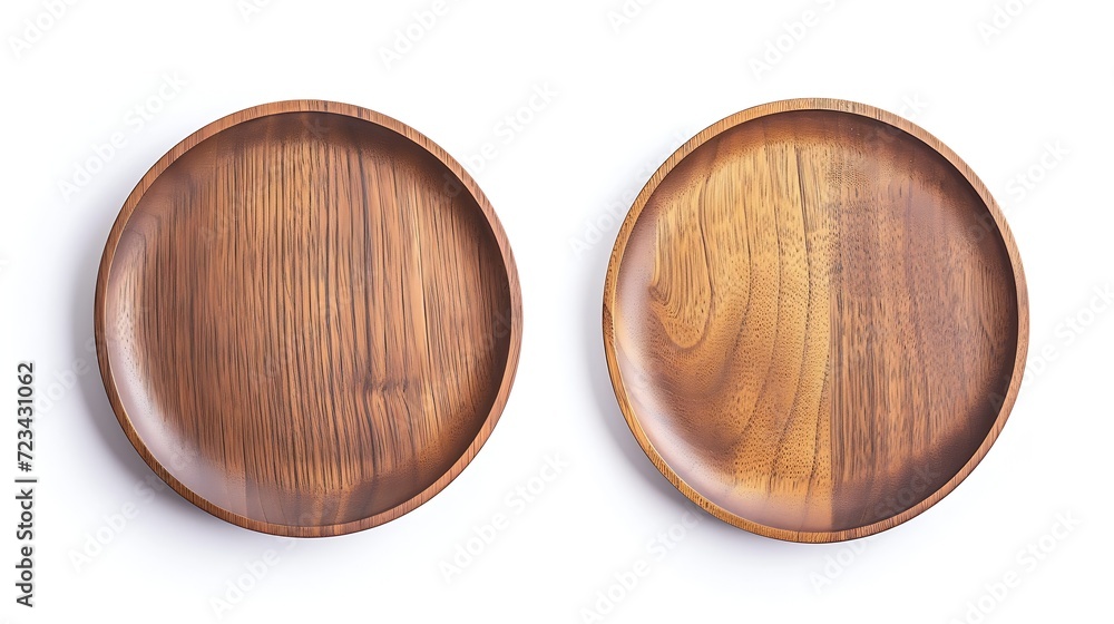 Poster Top view and perspective of empty wood plate isolated on white background : Generative AI