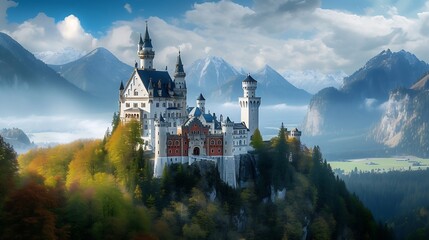 Beautiful view of world-famous Neuschwanstein Castle, the nineteenth-century Romanesque Revival palace built for King Ludwig II on a rugged cliff, with scenic mountain landscape, Bavar : Generative AI - obrazy, fototapety, plakaty