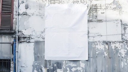 White wrinkled poster template in city. Blank wheatpaste on textured wall. Empty street art sticker mock up. Clear urban glued advertising canvas. : Generative AI