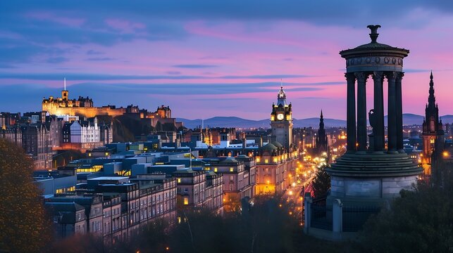 View from Calton Hill over the historic Old Town at night, dusk, Edinburgh, Scotland, United Kingdom, Europe : Generative AI