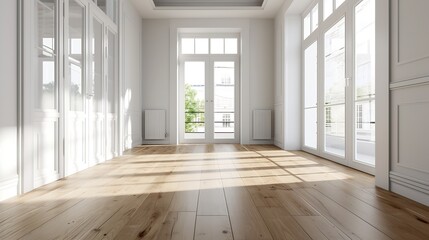 Interior of empty spacious living room with white walls and laminated floor with doors leading to balcony : Generative AI - obrazy, fototapety, plakaty