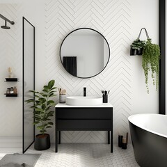 A bathroom with a contemporary black and white theme. Picture sleek black fixtures, white subway...