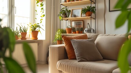 Bright living room space at modern apartment. Comfortable sofa with cushions near big window. Wooden shelf with pots, home decor and picture with copy space on white wall. : Generative AI