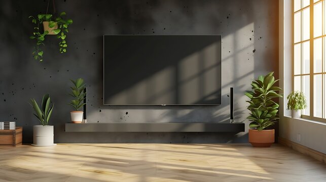 Blank modern flat screen TV hanging on wall in living room : Generative AI