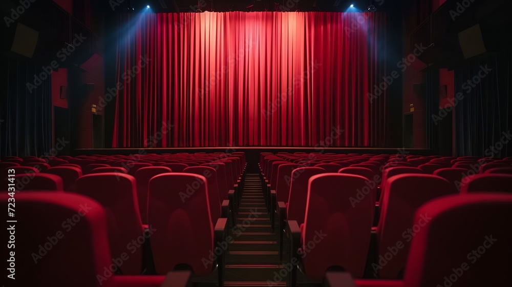 Poster Darkened empty movie theatre and stage with the red curtains drawn viewed over rows of vacant seats from the rear : Generative AI
