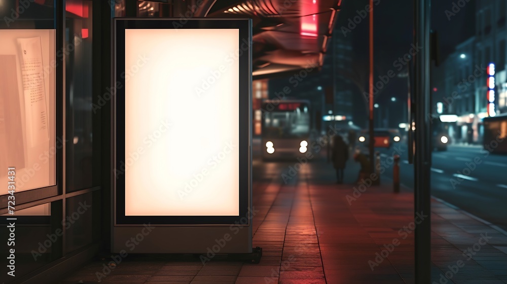 Poster Blank white mock up of vertical light box in a bus stop at night : Generative AI
