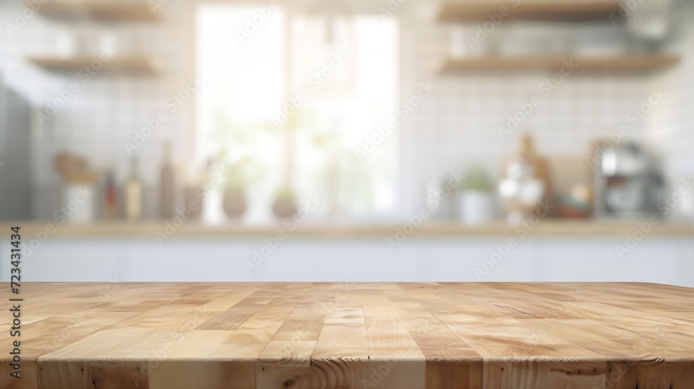 Poster empty beautiful wood table top counter and blur bokeh modern kitchen interior background in clean an
