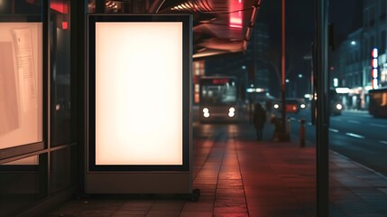 Blank white mock up of vertical light box in a bus stop at night : Generative AI - obrazy, fototapety, plakaty