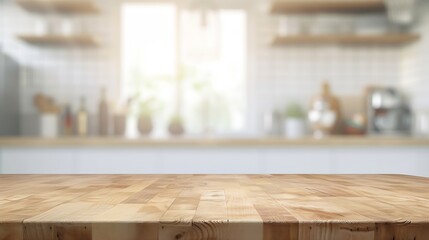Empty beautiful wood table top counter and blur bokeh modern kitchen interior background in clean and bright,Banner, Ready for product montage : Generative AI