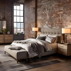 A bedroom fusing urban and rustic elements. Picture exposed brick walls, reclaimed wood furniture, and industrial lighting.