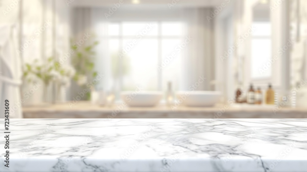 Fototapete Blurred bathroom background and Marble counter table top can be used mock up for montage products display or design layout : Generative AI