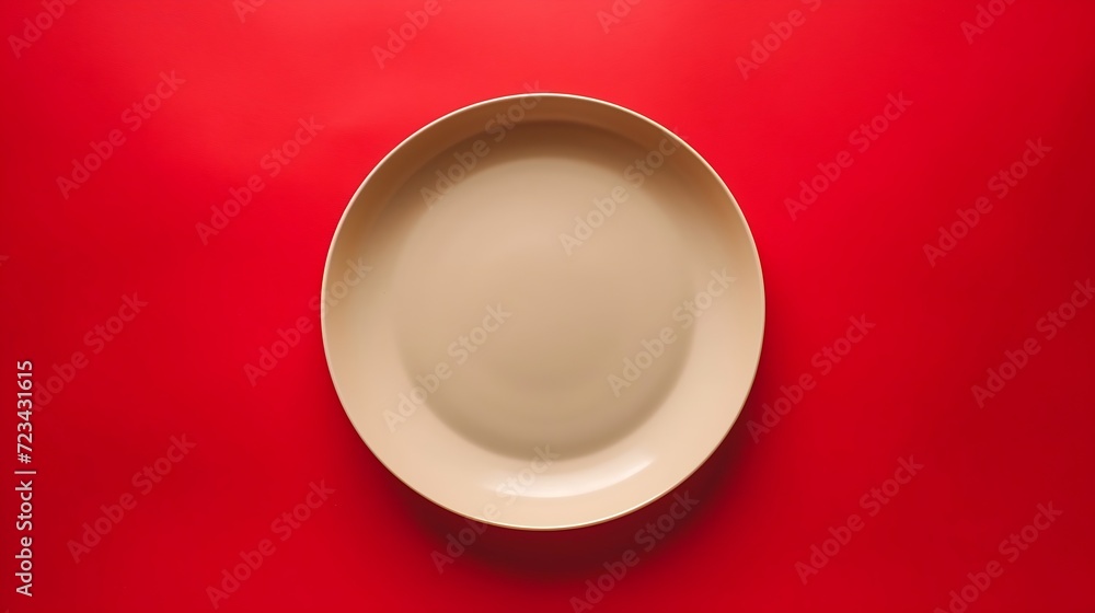 Poster empty beige ceramic plate on red background, top view. space for text : generative ai