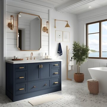 A bathroom with a contemporary twist on nautical design. Picture sleek navy blue cabinetry, brass fixtures, and maritime-inspired patterns