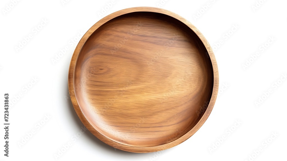 Poster Top view and perspective of empty wood plate isolated on white background : Generative AI