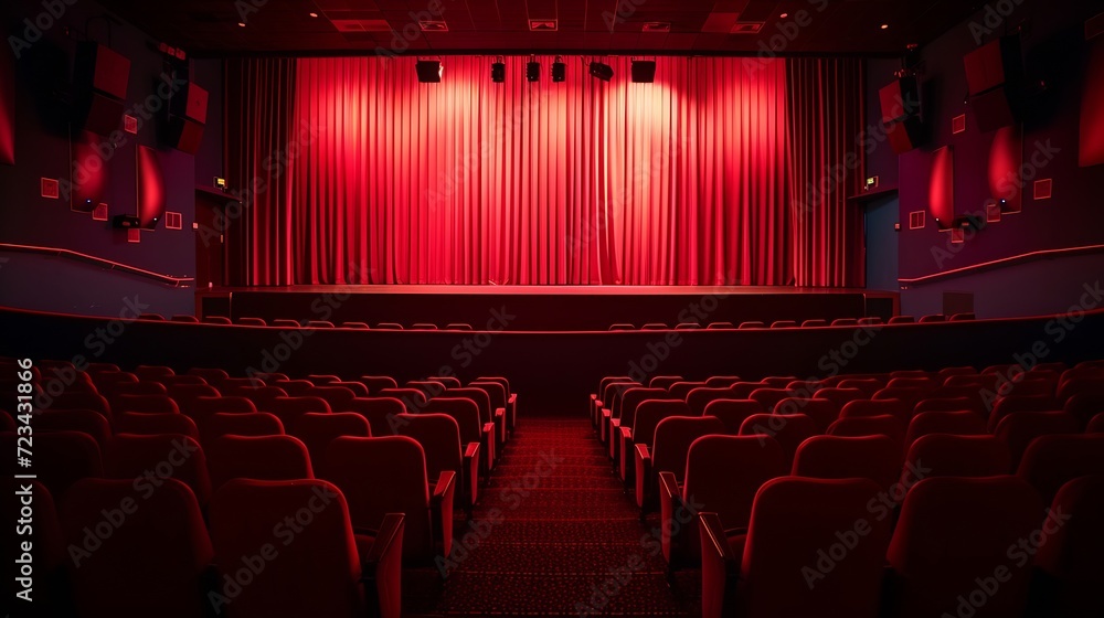 Poster Darkened empty movie theatre and stage with the red curtains drawn viewed over rows of vacant seats from the rear : Generative AI