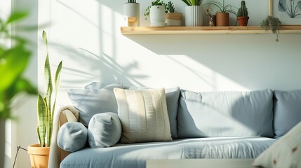 Bright living room space at modern apartment. Comfortable sofa with cushions near big window. Wooden shelf with pots, home decor and picture with copy space on white wall. : Generative AI