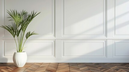 Fototapeta na wymiar White classic wall background, brown parquet floor, home furniture detail, frame and vase of plant. : Generative AI