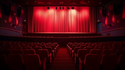 Darkened empty movie theatre and stage with the red curtains drawn viewed over rows of vacant seats from the rear : Generative AI
