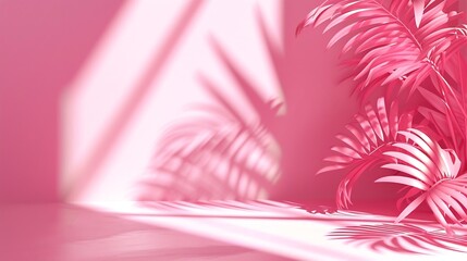 Fototapeta na wymiar Abstract gradient pink studio background for product presentation. Empty room with shadows of window and flowers and palm leaves . 3d room with copy space. Summer concert. Blurred back : Generative AI