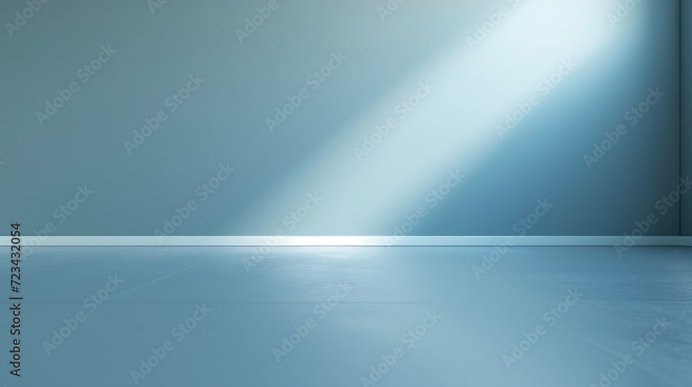Poster light blue empty wall and smooth floor with interesting light glare. background for the presentation