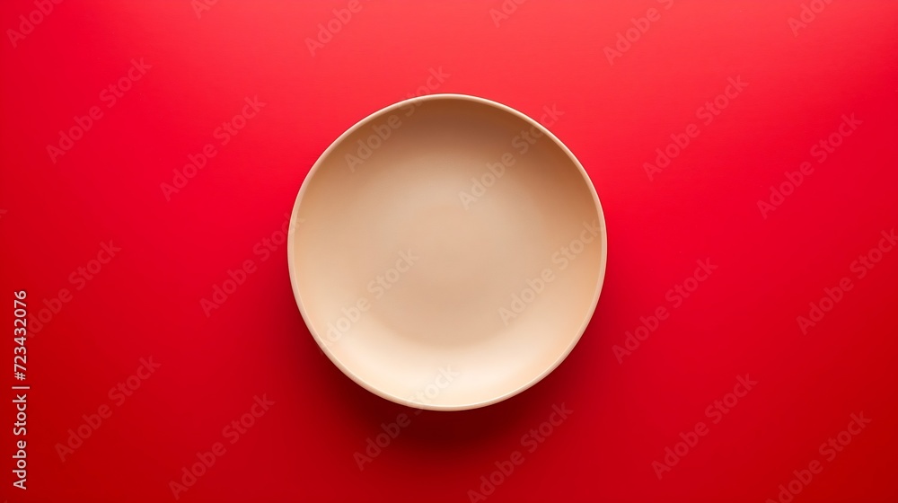 Poster empty beige ceramic plate on red background, top view. space for text : generative ai
