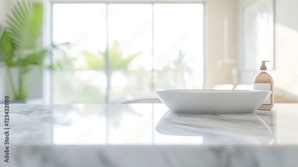 Aufkleber Blurred bathroom background and Marble counter table top can be used mock up for montage products display or design layout : Generative AI