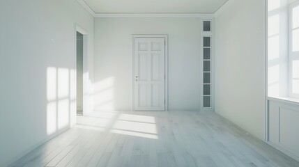 Interior of spacious empty refurbished living room with whitewash walls laminated floor with white door : Generative AI