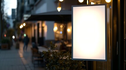 White paper poster mockup displayed outside the building restaurant. Marketing and business concept. : Generative AI