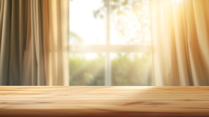 Selective focus.Wood table counter on blur curtain window in morning cozy home background.For montage product display or design key visual : Generative AI
