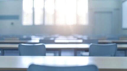 Empty defocused university classroom. Blurred school classroom without students with empty chairs and tables. Business conference room : Generative AI