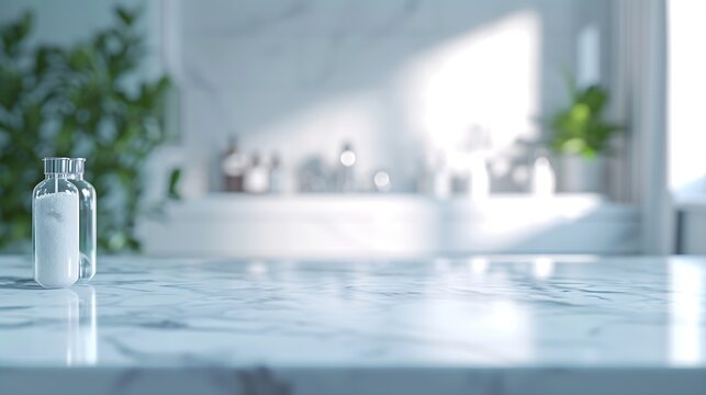 Empty marble top table with blurred bathroom interior Background. for product display montage : Generative AI