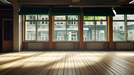 Fototapeta premium Empty room with wooden flooring, aluminum windows with radiators below with green awnings on the outside and oak joinery : Generative AI