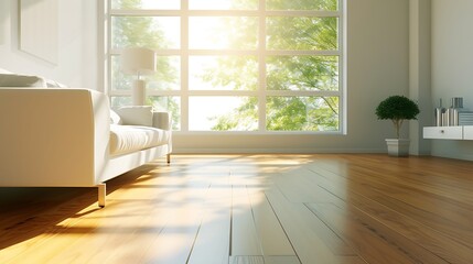 Fototapeta premium Empty living room with hardwood floor in modern apartment : Generative AI